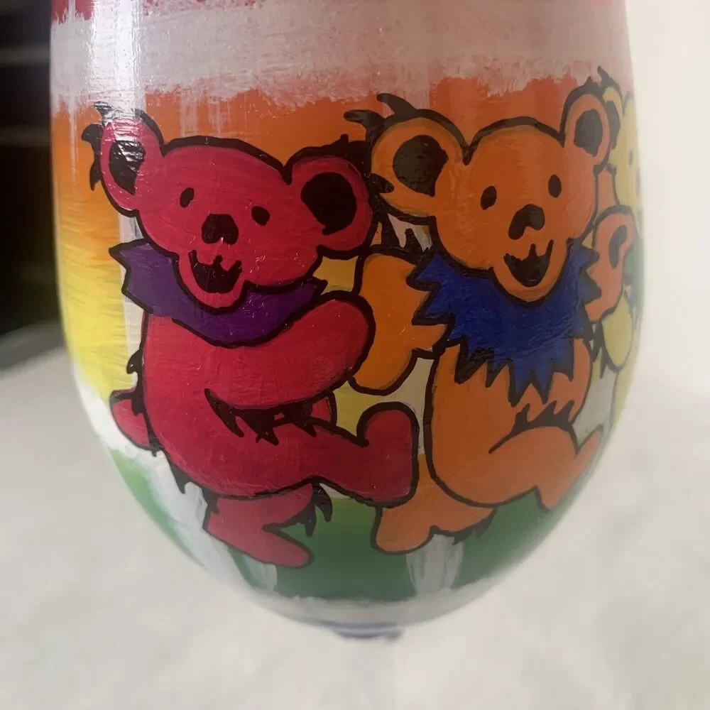 ORIGINAL Rebecca Suriano Hand Painted Grateful Dead Dancing Bears Wine Glasses